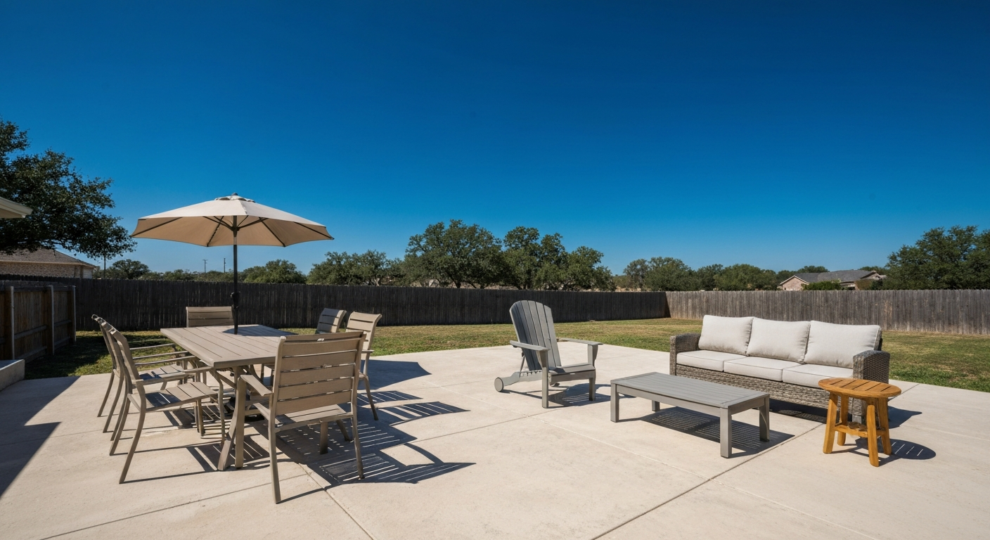 Texas patio in bright midday sun showing powder-coated aluminum dining set, recycled HDPE lounge chair, teak side table and resin wicker loveseat with Sunbrella cushions under a market umbrella.