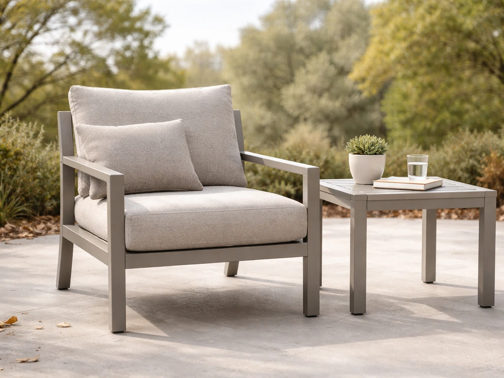 Weatherproof patio furniture on an outdoor patio, showing powder-coated aluminum and outdoor cushions