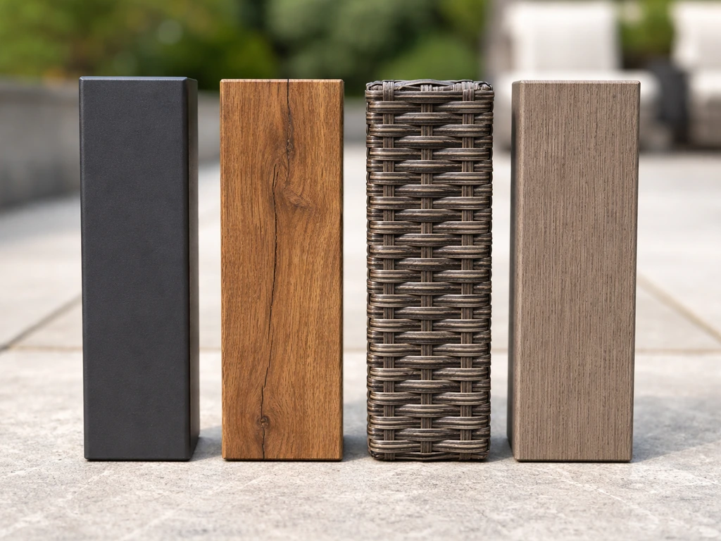 Side-by-side samples of powder-coated aluminum, wood, resin wicker, and WPC showing distinct textures.