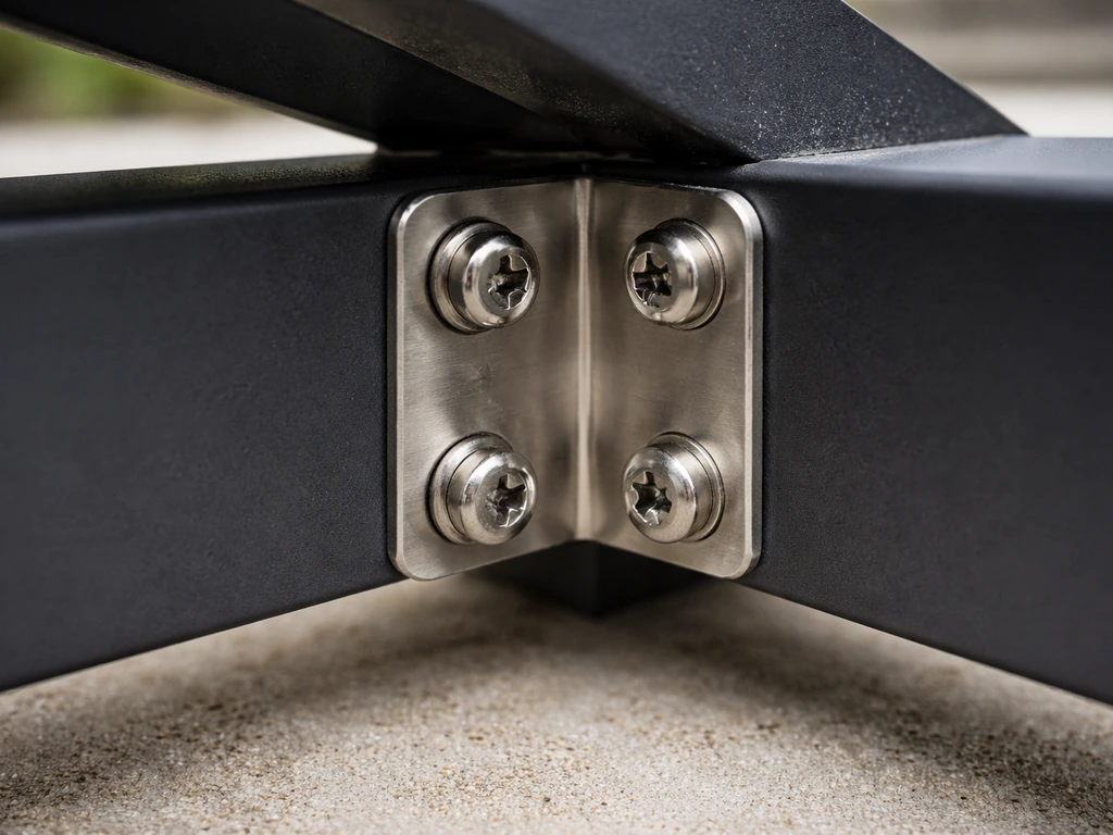 Close-up of rust-free 316 stainless fasteners on an outdoor furniture joint beneath a frame
