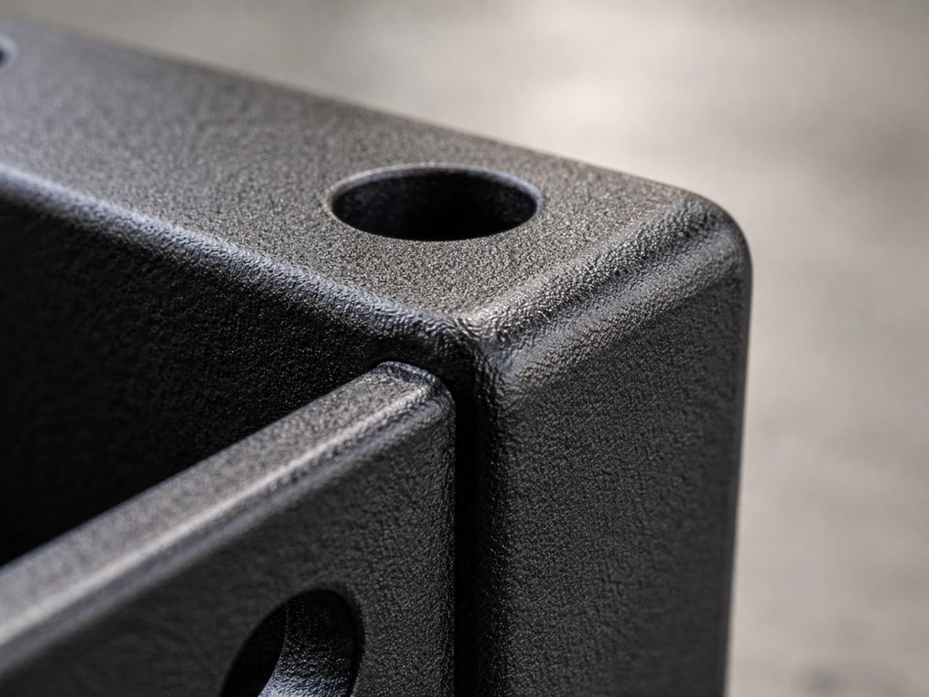Macro view of a powder-coated metal edge showing thick, uniform finish with crisp corners