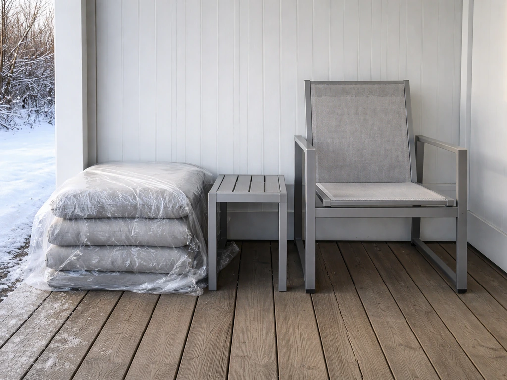 Outdoor patio furniture stored upright in winter with cushions removed on a dry porch