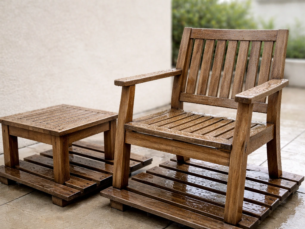Teak outdoor furniture on elevated slats with visible water beading after rain, ventilated to reduce mildew.