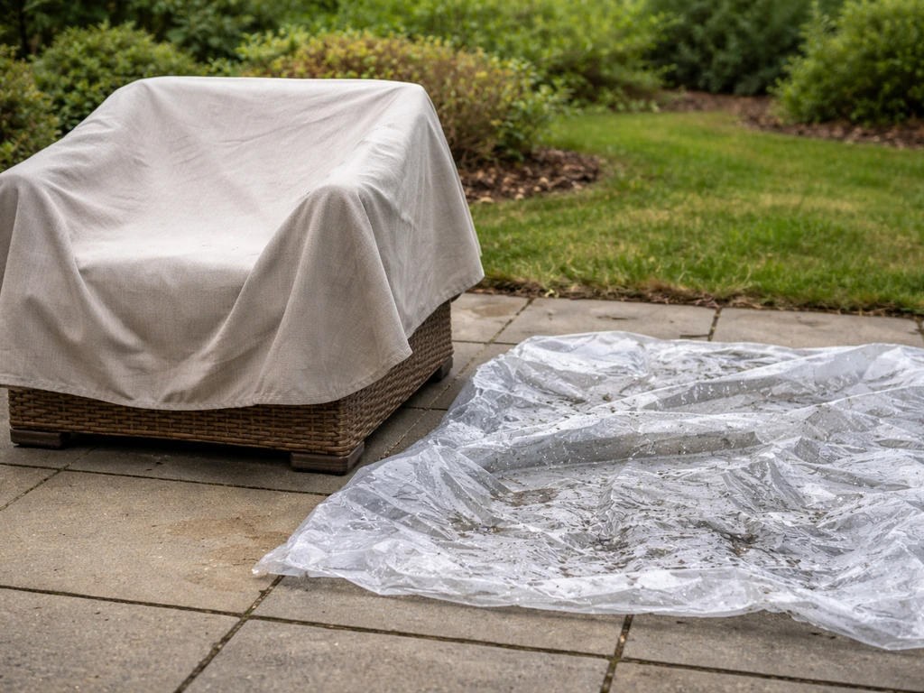 Breathable outdoor furniture cover keeps a chair dry while a nearby plastic tarp shows trapped moisture.
