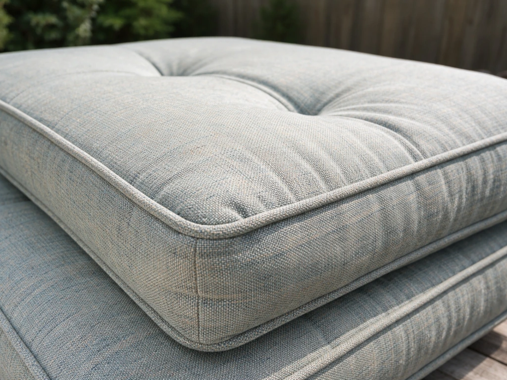 Closeup of patio furniture cushions in outdoor fabric outdoors, showing solution-dyed acrylic texture and stitching