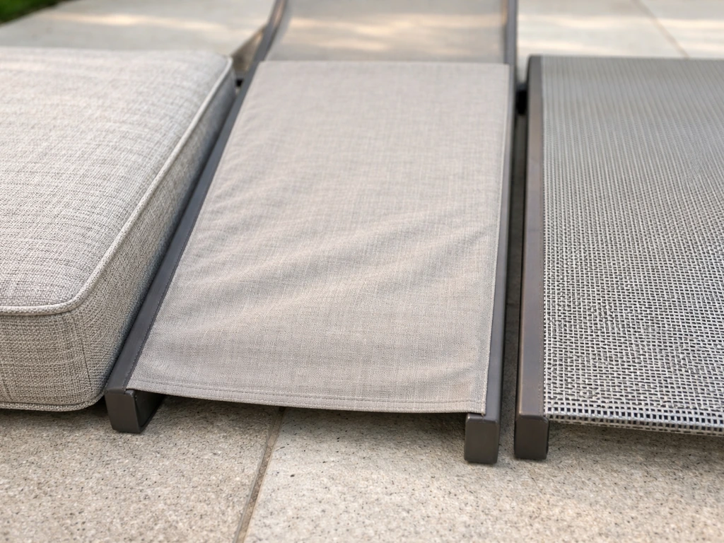 Close-up of patio fabric swatches showing cushion upholstery, sling weave, and outdoor mesh texture.