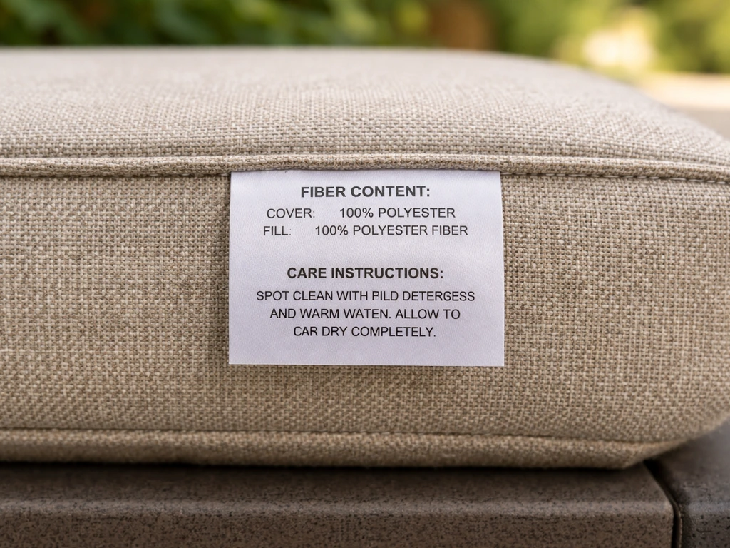Close-up of a patio cushion’s sewn-in fabric care label with visible fiber/content text