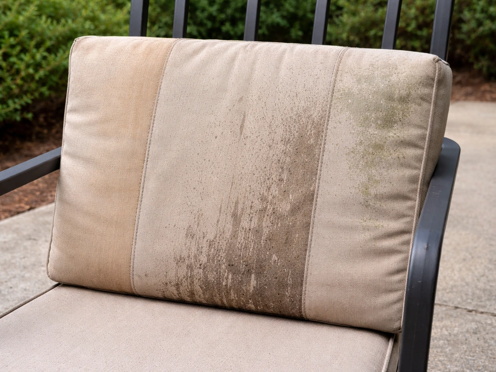 Outdoor patio furniture showing sun fade, rain splash, and mildew spotting on a cushion and frame