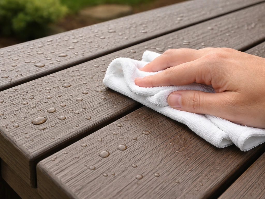 Close-up of HDPE poly lumber wiped with a damp cloth; uniform texture with rain droplets beading.