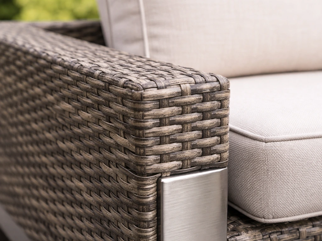 Close-up of UV-resistant resin wicker woven over an aluminum frame with water-shedding cushion fabric