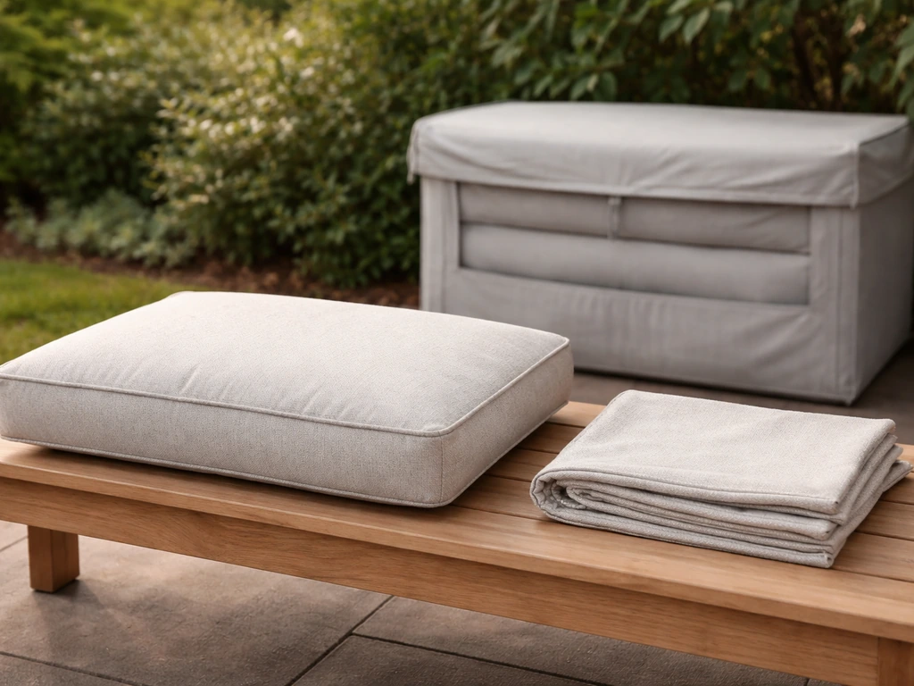 Outdoor cushion on a bench with solution-dyed fabric, cover folded beside it and stored for mildew protection.