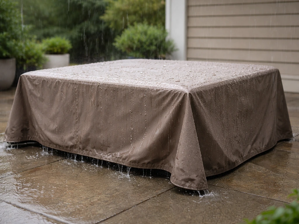 Patio furniture under a waterproof cover with visible raindrops beading on the fabric.