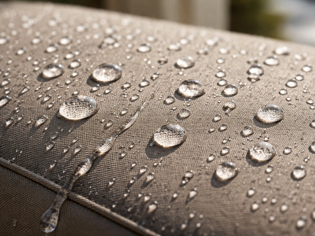 Close-up of waterproof patio cover fabric with water beading on the surface