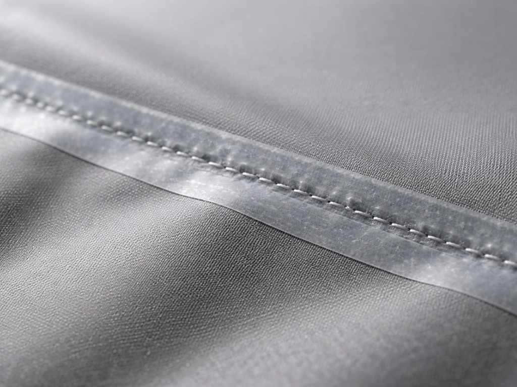 Close-up of waterproof fabric stitches with seam tape sealing over the seam to block water entry.