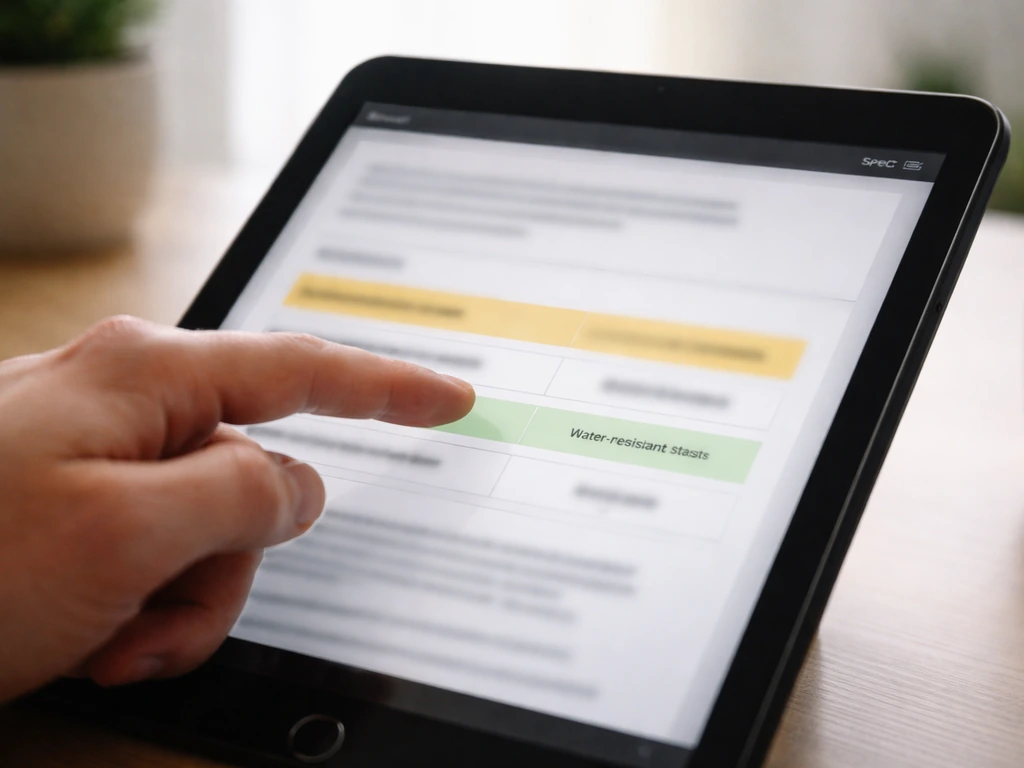 Close-up of a hand reviewing a waterproof spec card with hydrostatic head rating on a tablet