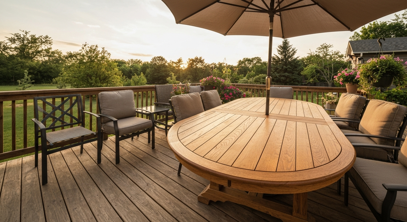 Outdoor dining setup featuring an oval hardwood dining table, mixed-material chairs, umbrella, and cushions in a garden-center style setting.