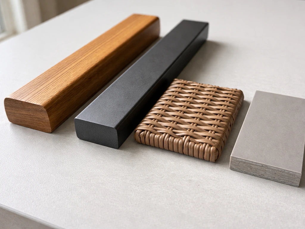 Close-up of teak wood, powder-coated aluminum, woven wicker, and composite panel samples indoors.