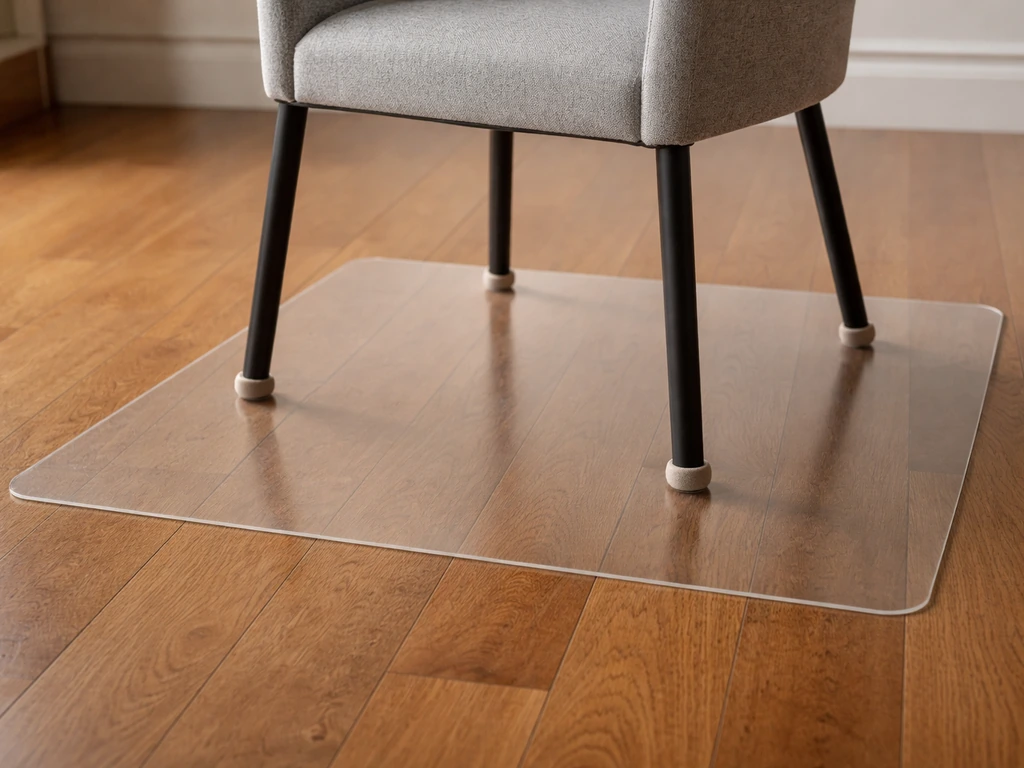 Close view of chair legs with felt pads and a clear protective mat on a hardwood floor.