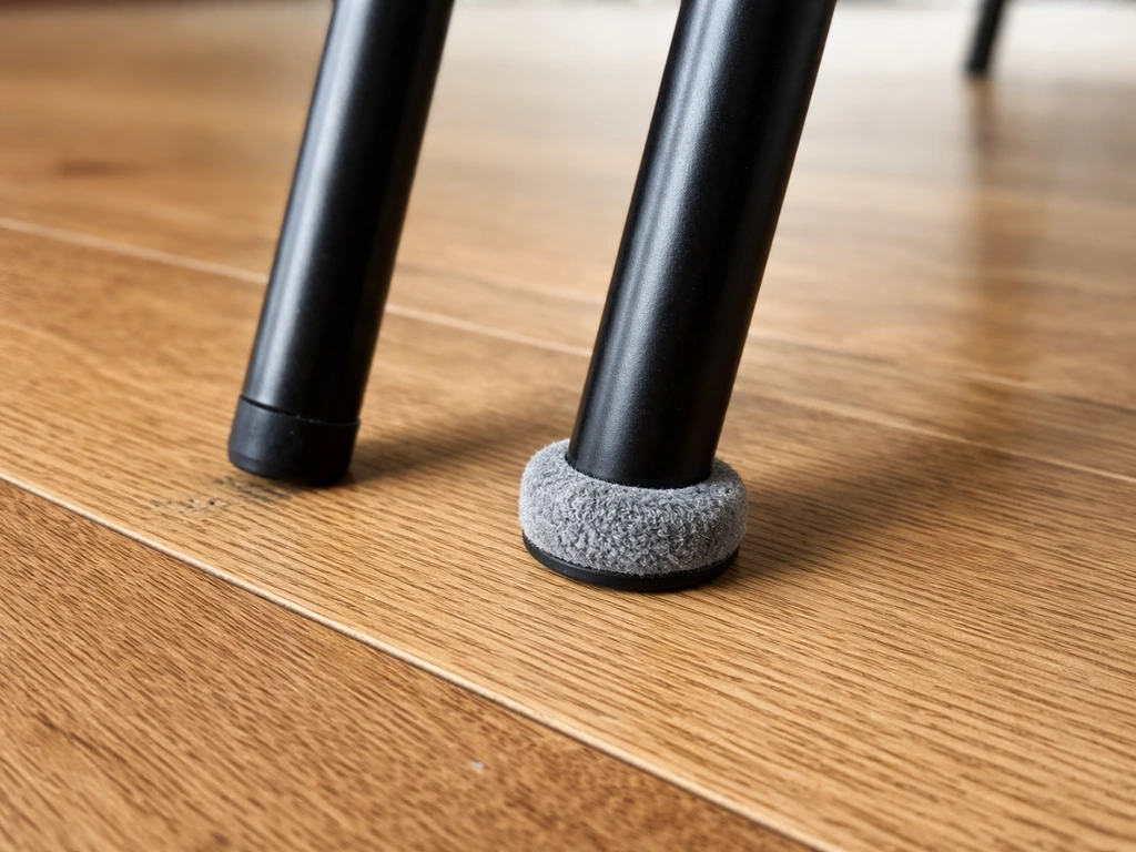 Close-up of patio chair feet on finished floor, with one soft glide pad reducing direct contact.