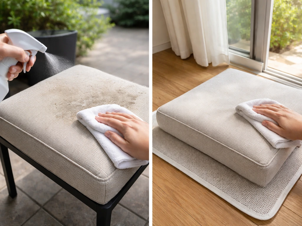 Split view: outdoor patio cushion spot cleaning vs indoor gentle wipe-down and air drying setup.