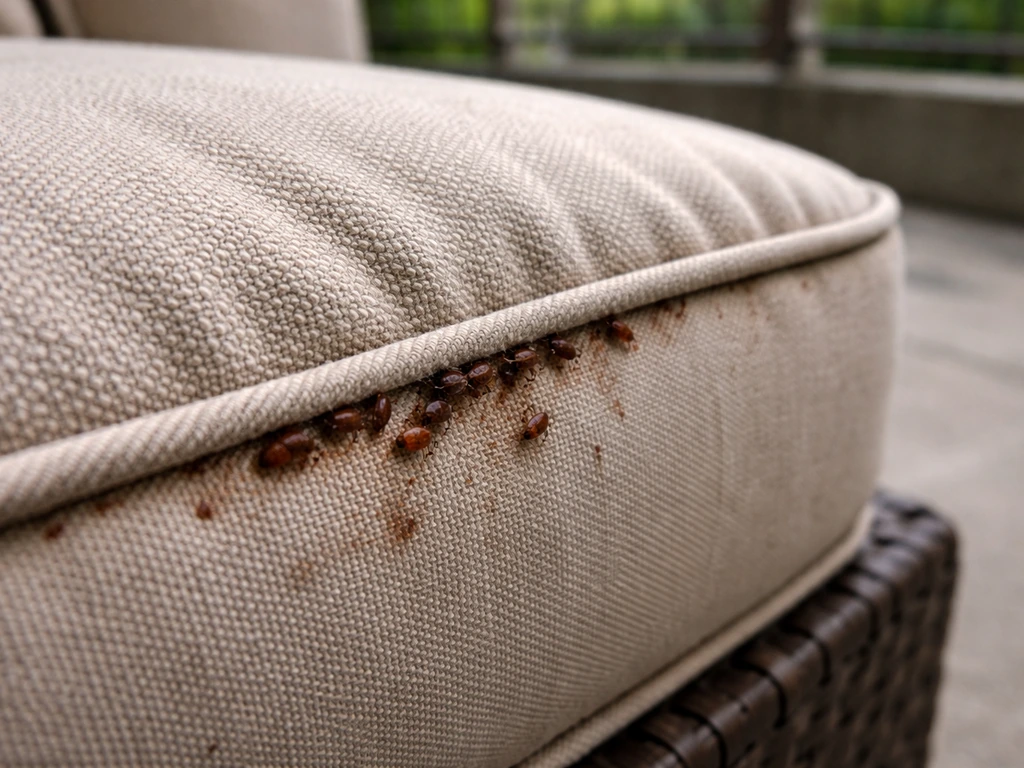 Close-up of patio sofa cushion seams with bed bug-like signs suggesting infestation