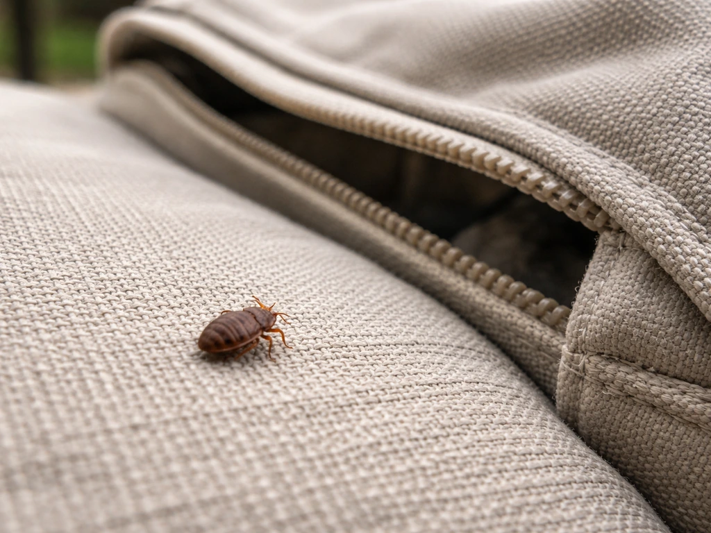 Close-up of a bed bug on outdoor cushion fabric near a patio bag, showing hitchhiking on furniture.