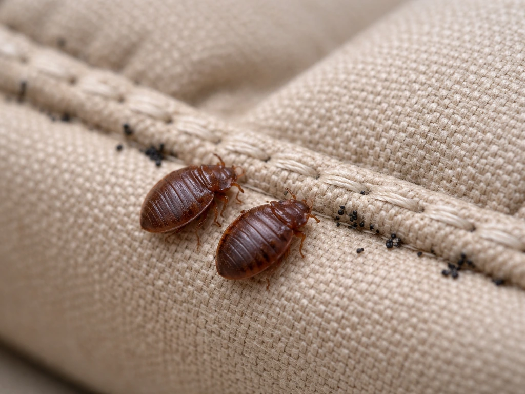 Macro photo of reddish-brown live bed bugs and small dark fecal specks on patio cushion seam