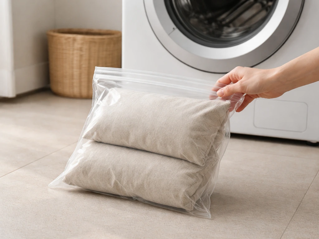 Sealed plastic bag with removable cushion covers being moved to a front-loading washing machine.