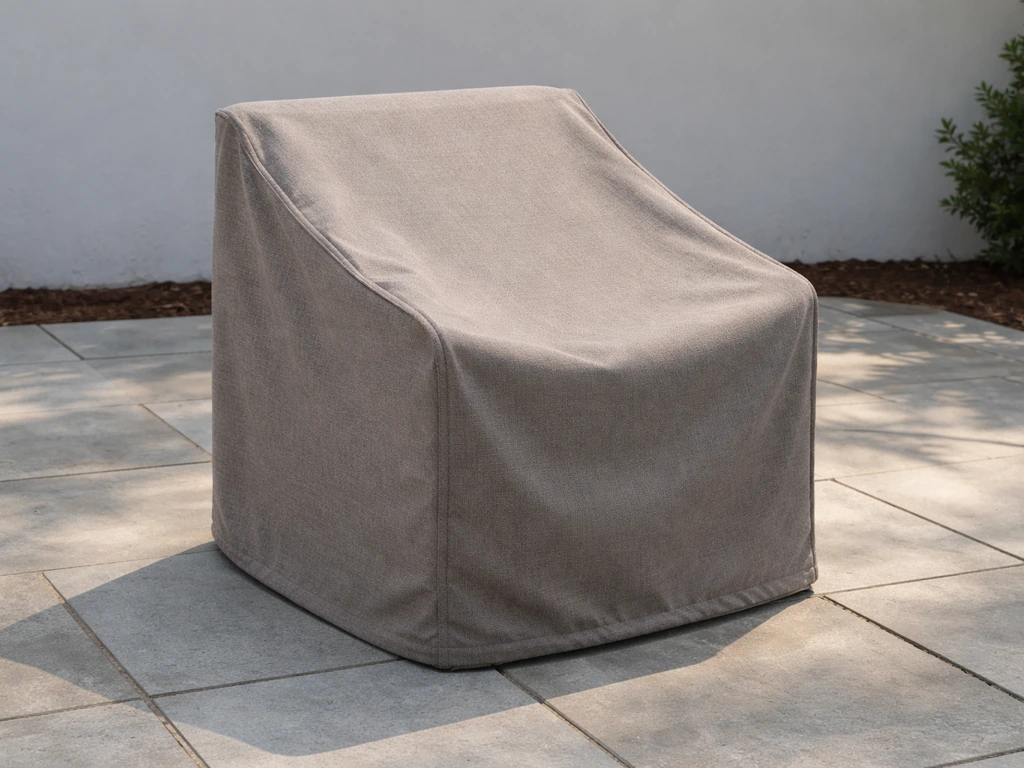Tight-fitting patio furniture cover over an outdoor chair in daylight, showing protective barrier prevention.