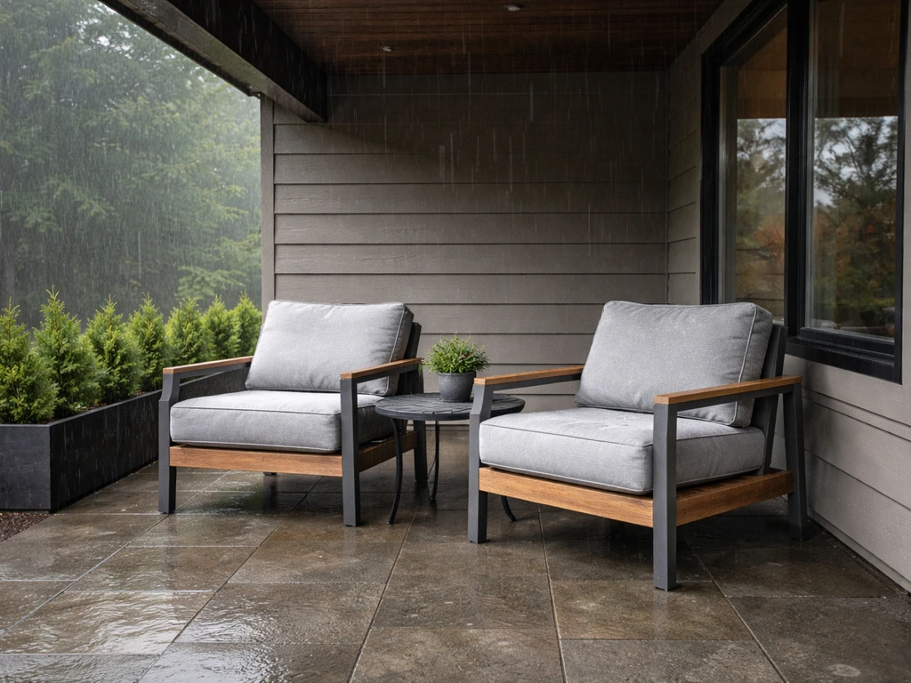 Overcast Pacific Northwest patio with covered outdoor seating made for rain and wind