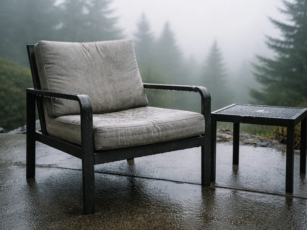 Patio furniture cushions and metal frame covered in persistent morning mist and dampness under cloudy skies.