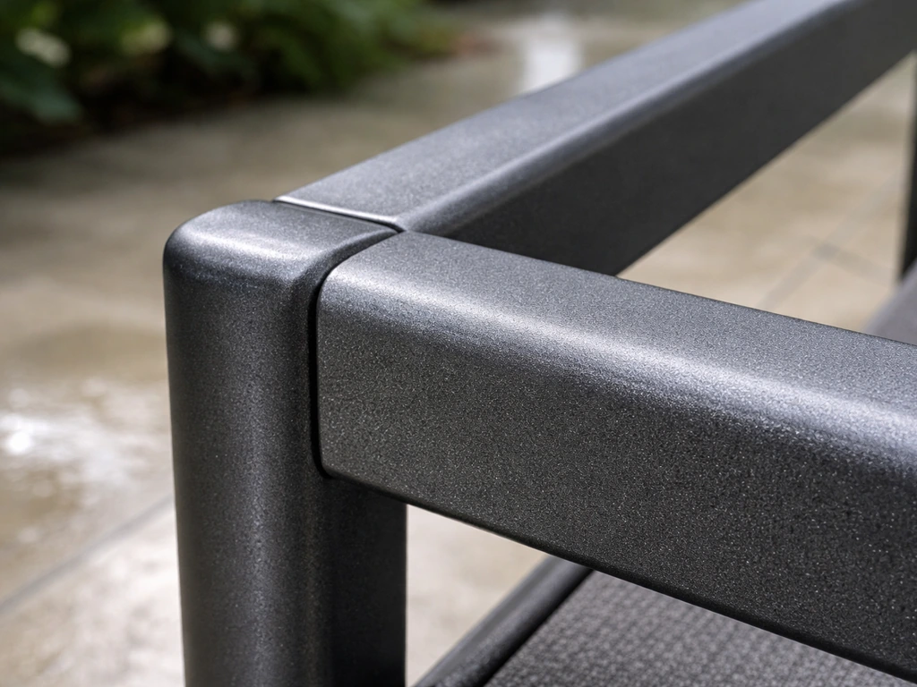 Close-up of powder-coated aluminum patio frame with a durable, rust-resistant coating texture.