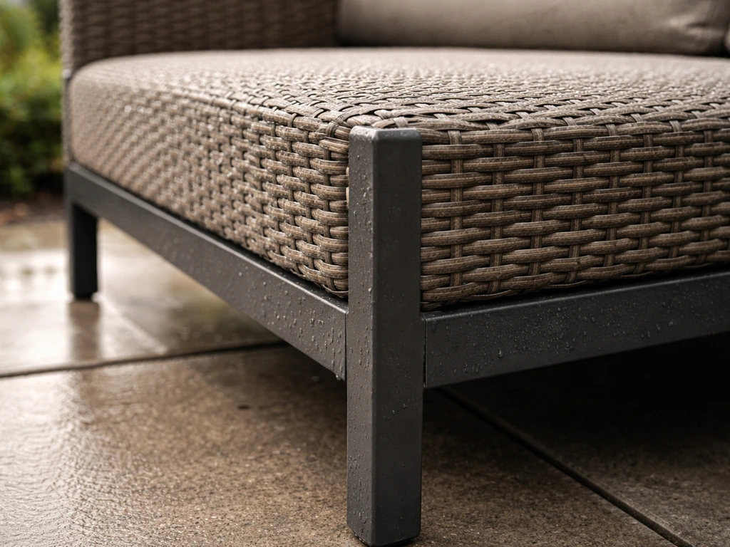Close-up of resin wicker over a rust-resistant aluminum frame on a damp patio