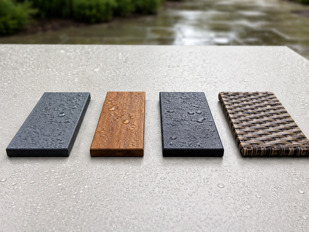 Four outdoor furniture material samples on a patio table with wet, weather-exposed cues.