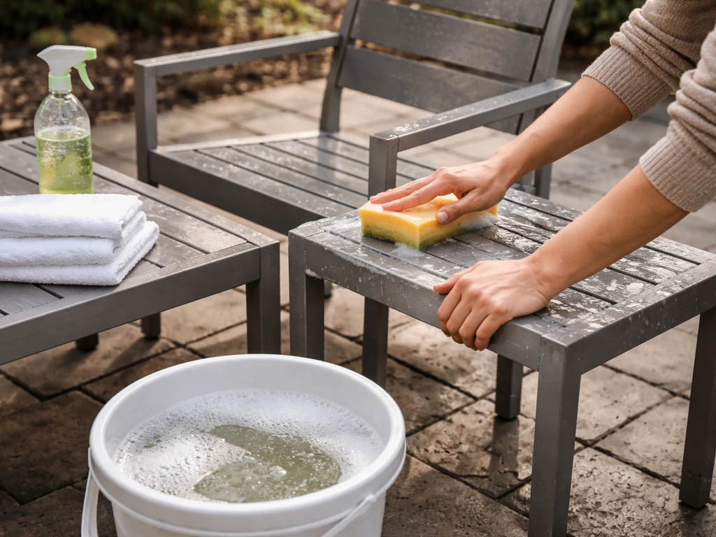 Person cleaning a patio set with mild soap, warm water, and towels after seasonal weather change.