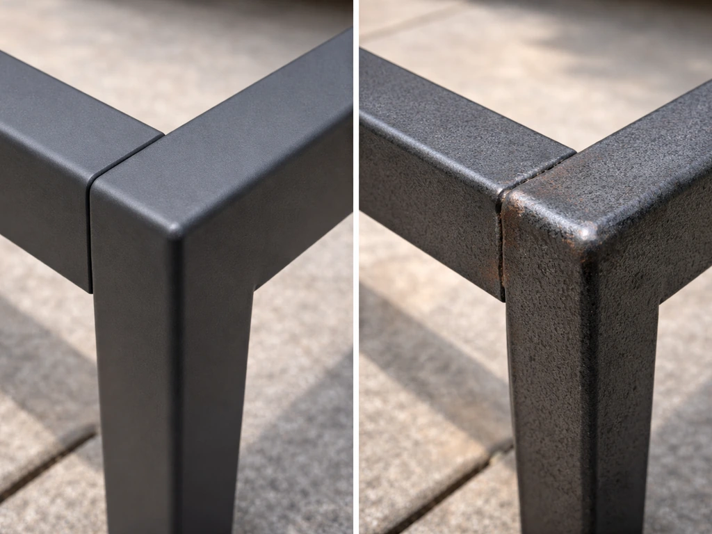 Close-up of aluminum and wrought-iron/steel patio frame finishes with focus on rust-prone joints and powder coat texture