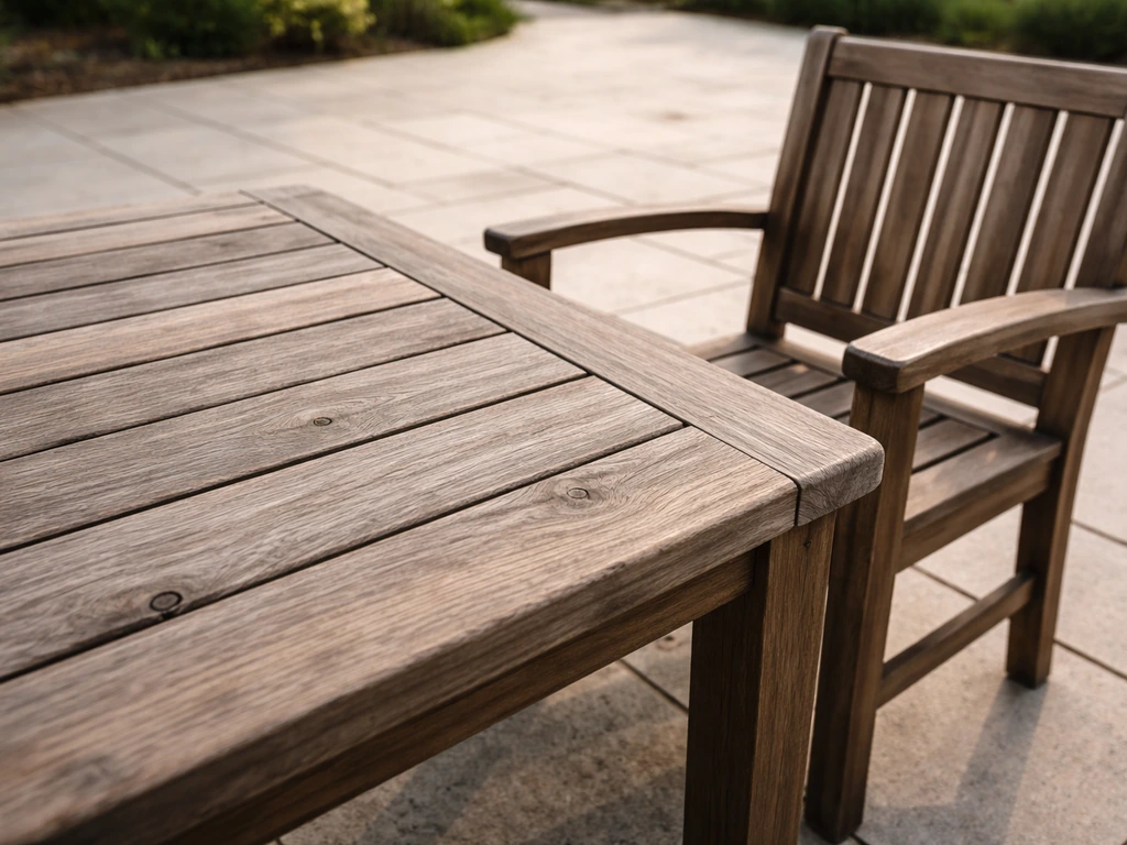 Weathered teak outdoor patio table and chair in soft natural light, showing durable wood grain