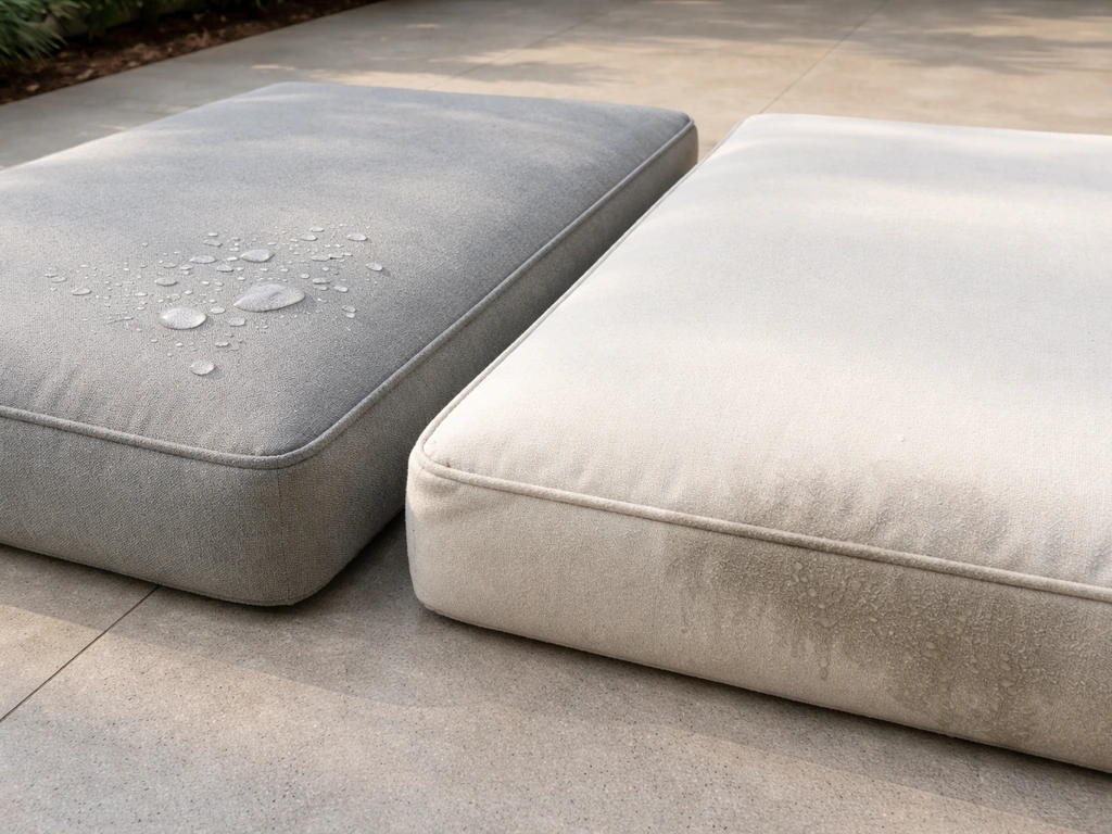Close-up of side-by-side patio cushions showing water beads on performance fabric versus damp foam.