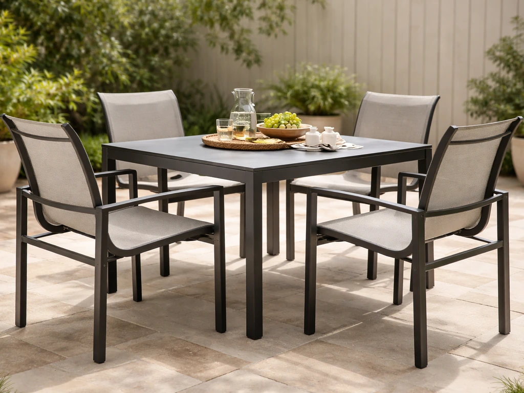 Outdoor dining set on a patio: aluminum table with sling chairs in natural light.