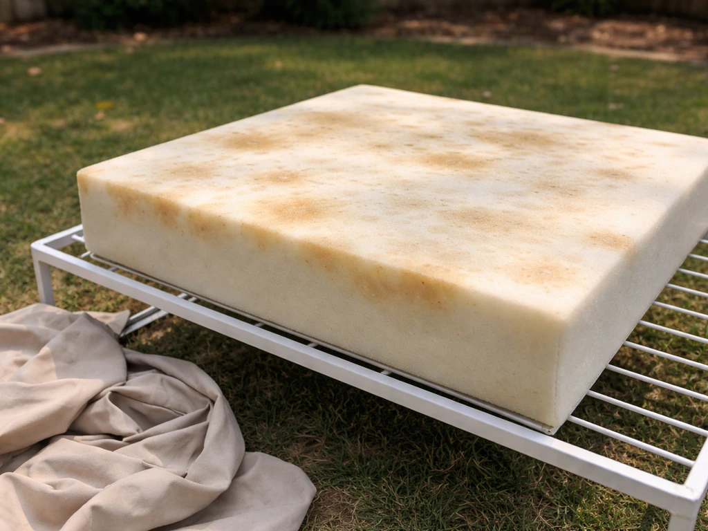 Outdoor cushion with fabric cover removed, showing foam core drying in a bright airy space