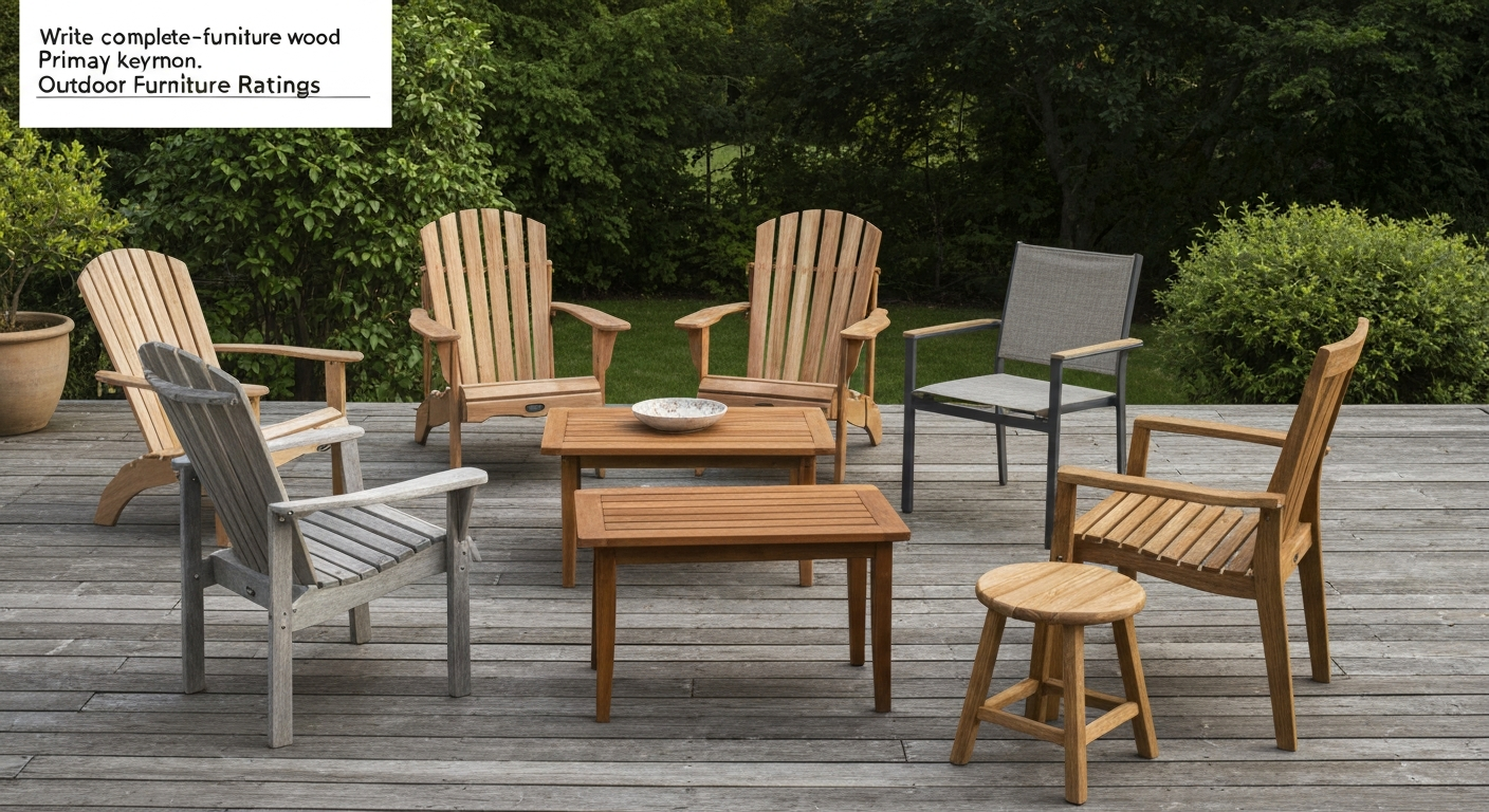 Outdoor patio scene with eight pieces of furniture illustrating different common woods (teak, western red cedar, redwood, eucalyptus/acacia, mahogany/iroko, cypress, pressure-treated pine, white oak).