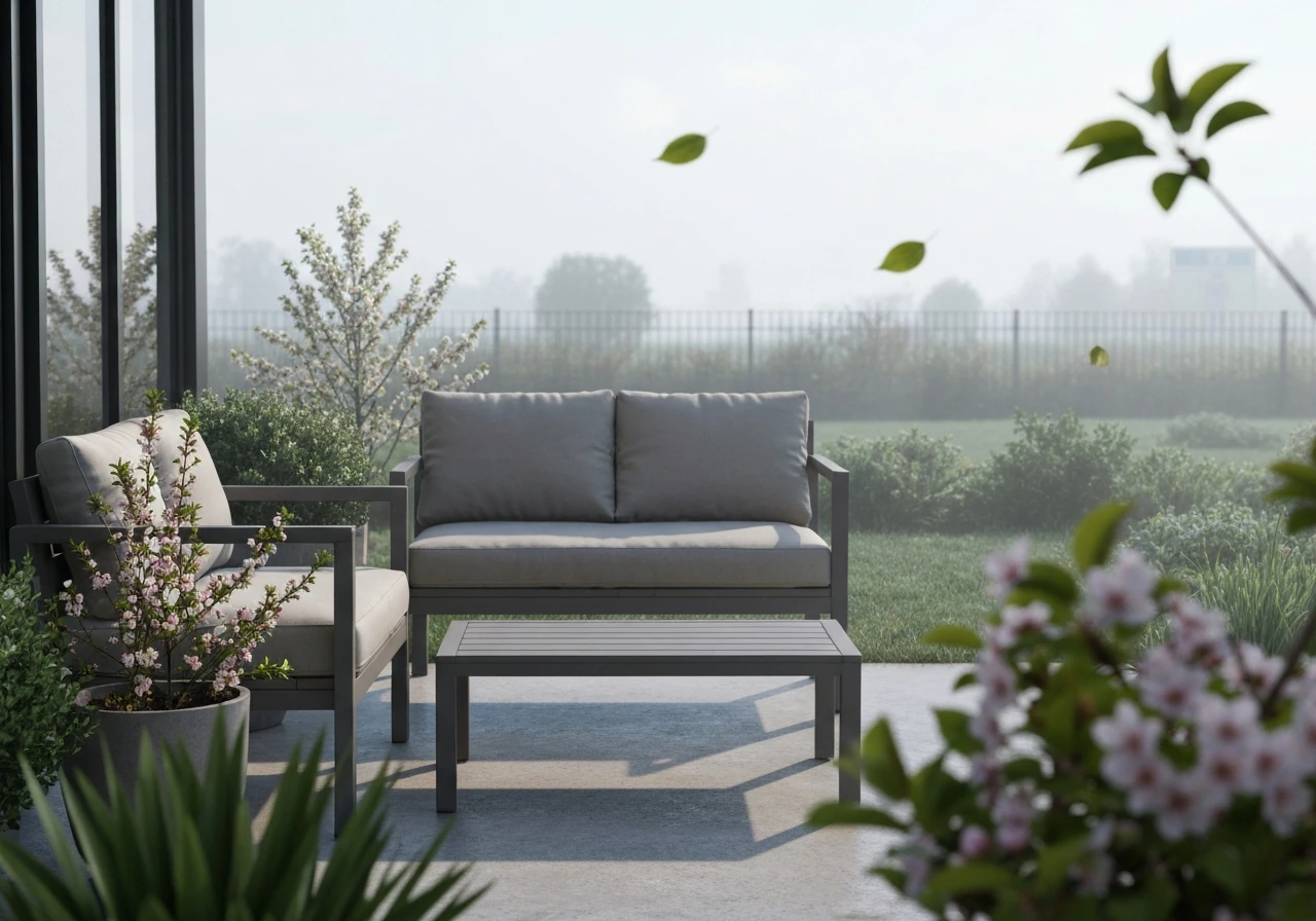 Minimal patio seating with early-spring blossoms and cool-season feel, staged for bringing patio furniture out