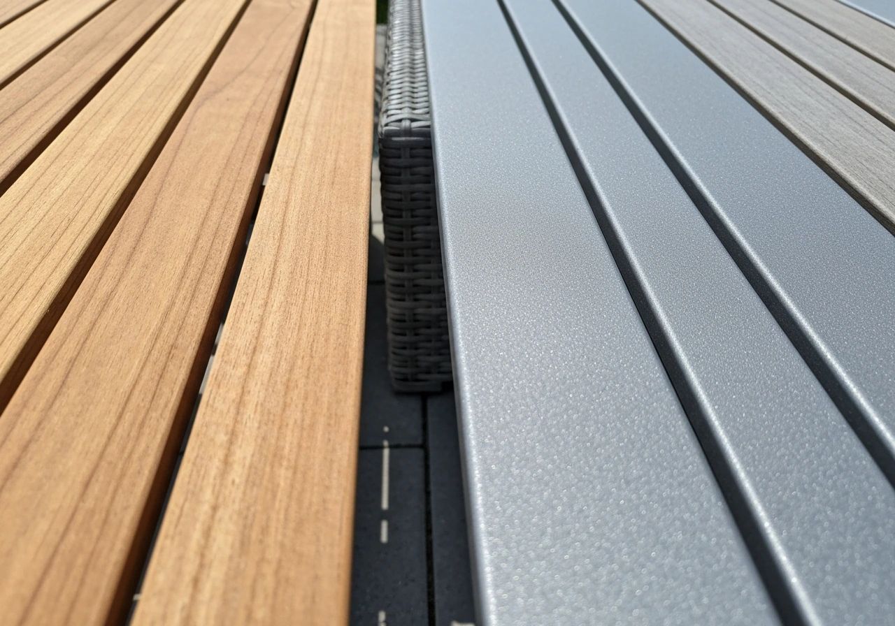 Close-up side-by-side patio material finishes: teak wood texture and powder-coated aluminum texture.