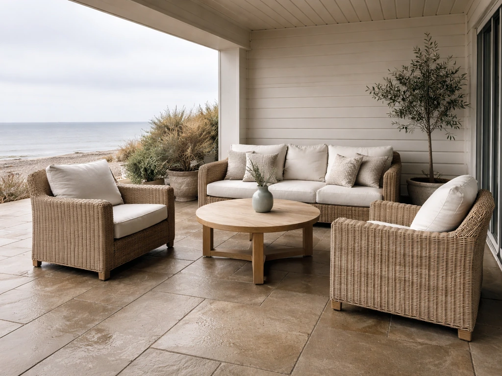 Sheltered coastal patio with outdoor furniture neatly left out under soft overcast light