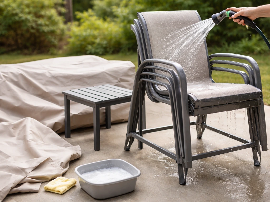 Patio furniture being cleaned and packed away for fall storage, with soap water rinse and drying rack