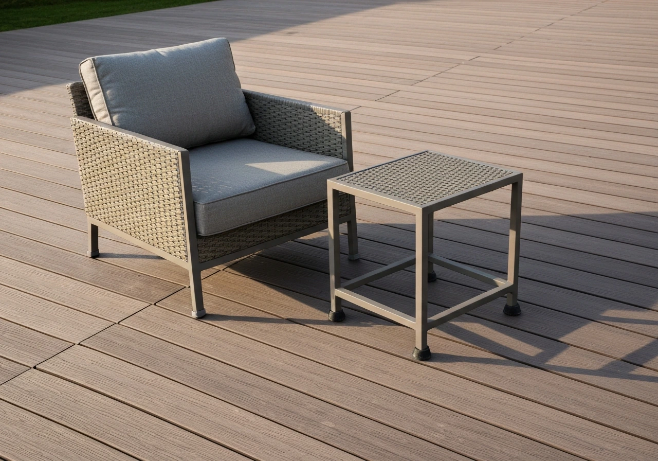Stylish lounge chair and small side table with rubber feet on textured composite decking.