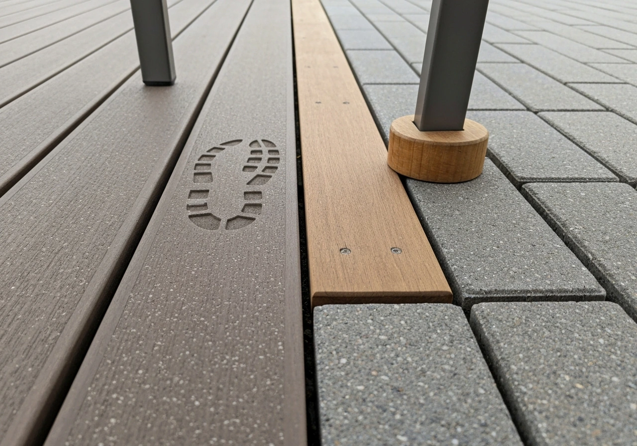 Side-by-side composite decking, natural wood, and paver-like surfaces showing different texture and color under furnitur