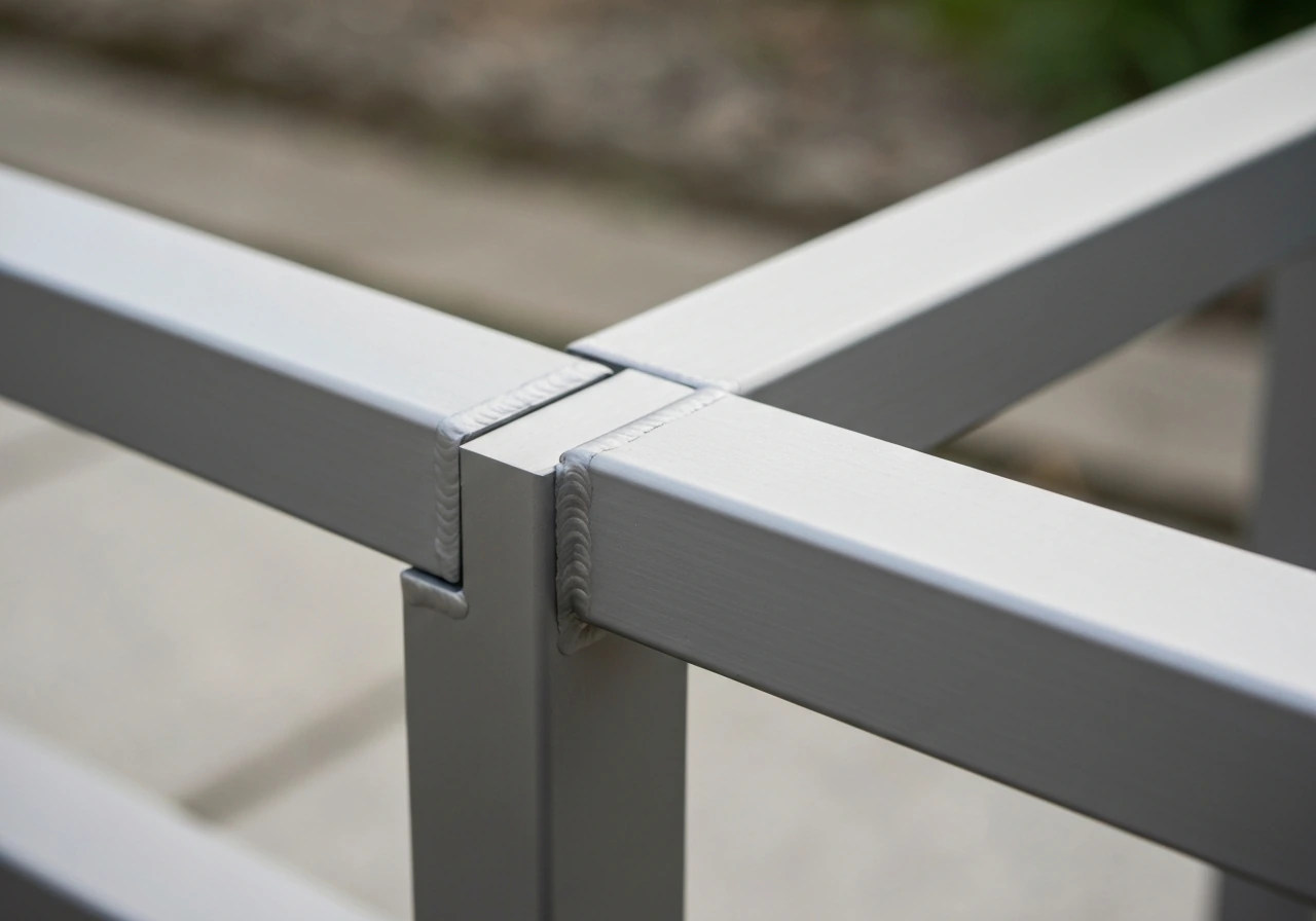 Close-up of powder-coated aluminum patio furniture joints with smooth welded corners and clean finish