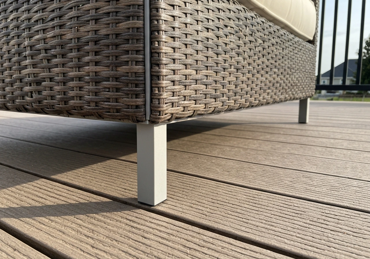 All-weather resin wicker patio set on a composite deck with a visible powder-coated aluminum frame support.