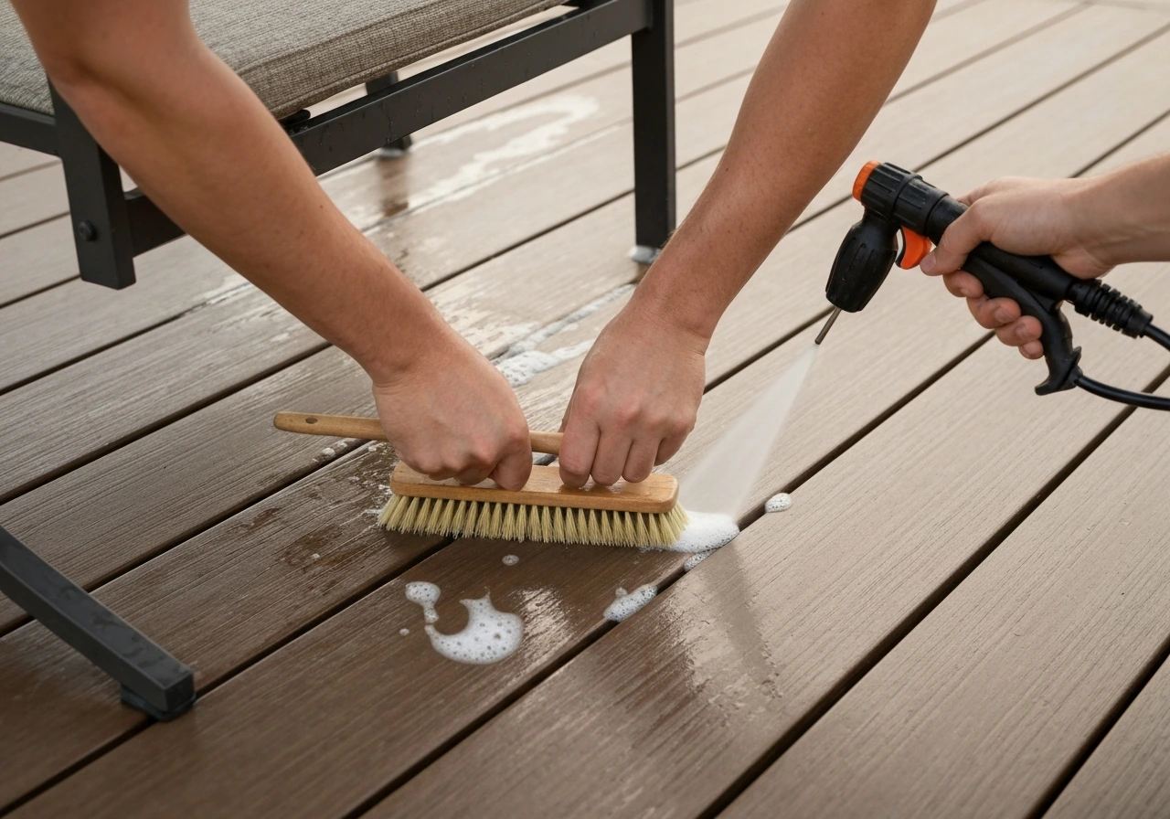 Anonymous hands scrub a composite deck with a soft brush beside outdoor furniture, with gentle pressure washing nearby.